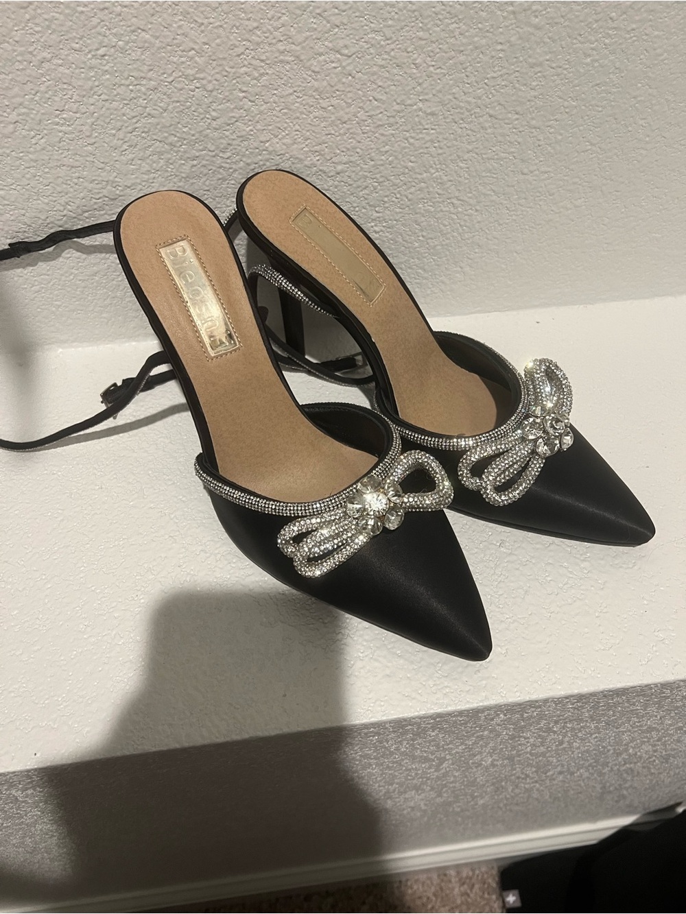 SHEIN Black Satin Pointed Slingback Heels with Crystal Bow Accent